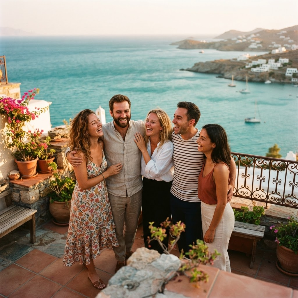 Friends together on a rooftop terrace at golden hour, overlooking the sea