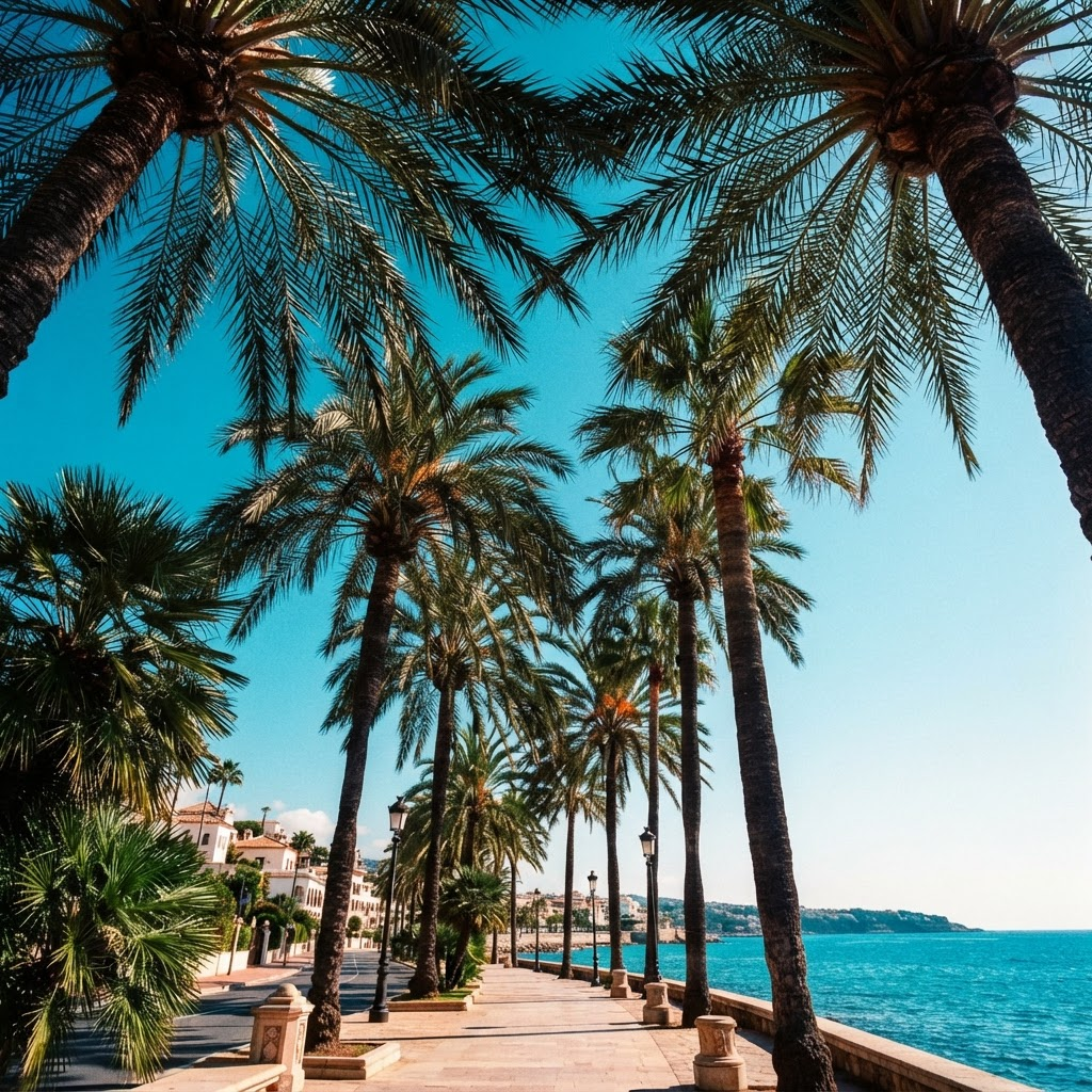 Palm trees against a bright sky along a coastal boulevard